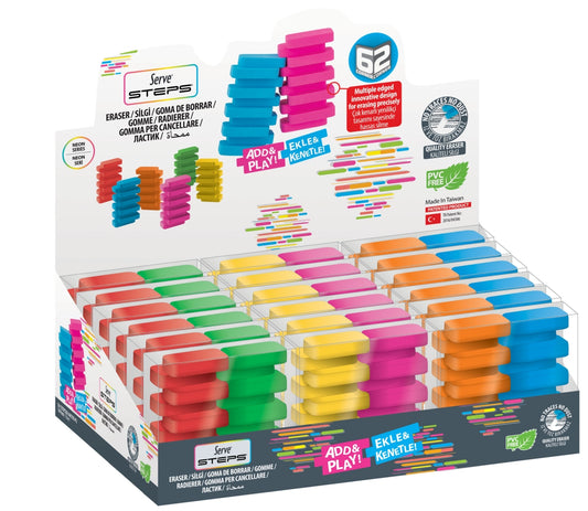 Radiera Steps, Culori Fluorescente, 2 Bucati/blister, Prezentare Pe Display 18 Bucati