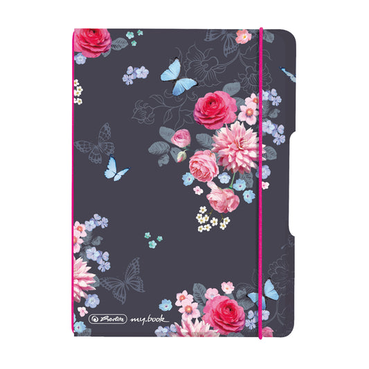 Caiet My.book Flex A6 40f 80gr Patratele, Coperta Ladylike Flowers, Elastic Roz