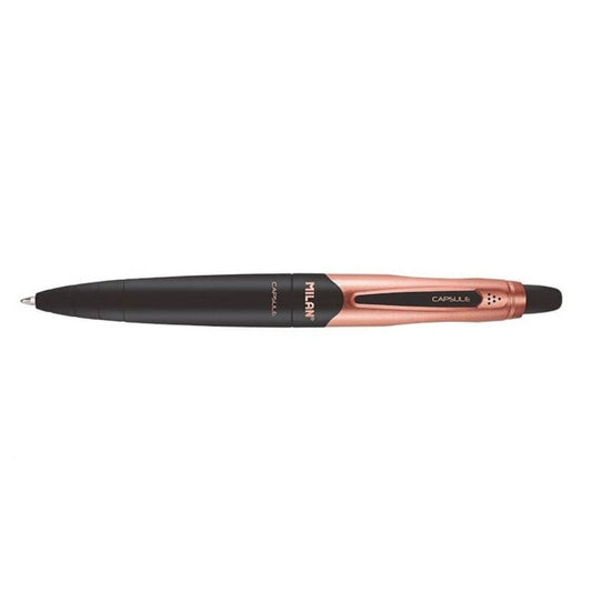 Pix MILAN Copper, Mina Albastra, Grosime Varf 1 mm, Mecanism si Corp din Plastic Negru cu Decoratiuni Aramii, Pixuri Milan, Pix Albastru, Pixuri Albastre, Pix cu Pasta Albastra, Pix Scolar, Pix pentru Scolari, Rechizite Scolare, Pix Office