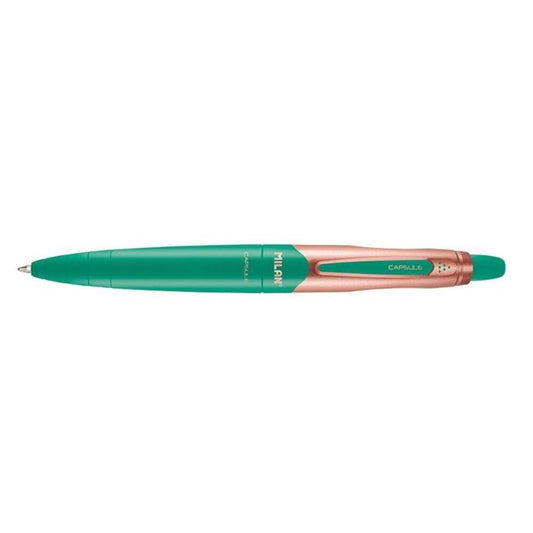 Pix MILAN Copper, Mina Albastra, Grosime Varf 1 mm, Mecanism si Corp din Plastic Verde cu Decoratiuni Aramii, Pixuri Milan, Pix Albastru, Pixuri Albastre, Pix cu Pasta Albastra, Pix Scolar, Pix pentru Scolari, Rechizite Scolare, Pix Office