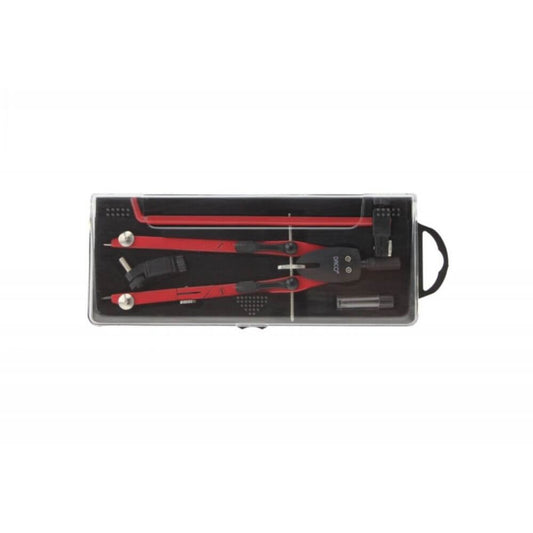 Trusa Compas Metalic DACO cu Reglare Rapida, Diametru Maxim Cerc 380 mm, 3 Accesorii Incluse, Rosu/Negru, Compas Matematica, Trusa Compas pentru Scolari, Compas pentru Geometrie, Trusa Desen Tehnic, Rechizite Scolare, Instrumente Geometrie