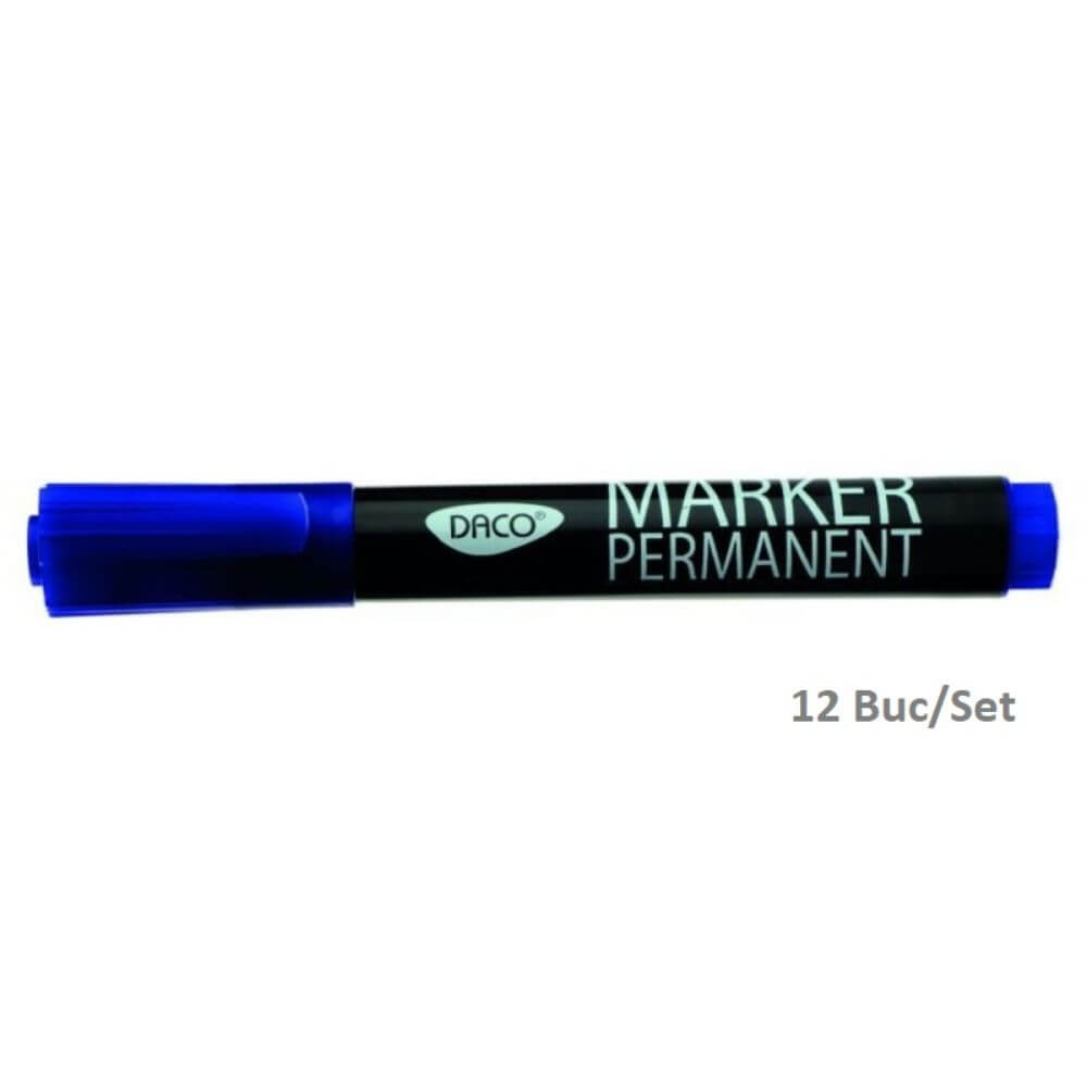 Set 12 Markere Permanente DACO, Albastre, Varf 3 mm, Marker, Marker Albastru, Markere Albastre, Marker cu Cerneala Albastra, Marker Permanent, Markere Permanente, Marker Permanent Albastru, Set Markere Albastre