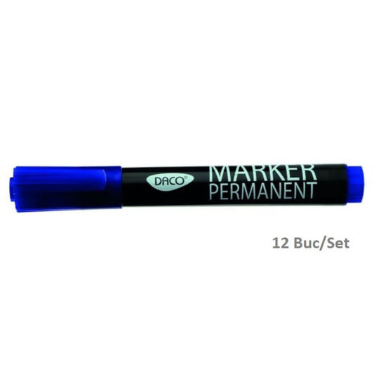 Set 12 Markere Permanente DACO, Albastre, Varf 3 mm, Marker, Marker Albastru, Markere Albastre, Marker cu Cerneala Albastra, Marker Permanent, Markere Permanente, Marker Permanent Albastru, Set Markere Albastre
