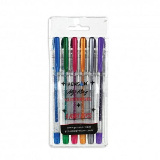 Set 6 Pixuri cu Gel PENSAN My King Glitter, Mine Diverse Culori cu Sclipici, Varf 1 mm, Corp din Plastic Transparent, Pixuri cu Gel, Pix cu Sclipici, Pix Glitter, Pixuri cu Sclipici, Pixuri Glitter, Pix cu Gel cu Sclipici, Rechizite Scolare