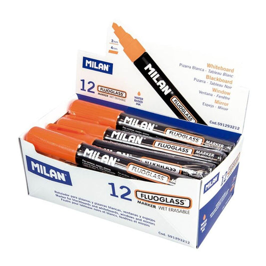 Set 12 Markere Sticla Milan Fluoglass, Varf de 2-4 mm, Portocalii, Marker Portocaliu, Markere, Markere Portocalii, Markere pentru Sticla, Marker Milan, Marker pentru Scoala, Markere Scoala