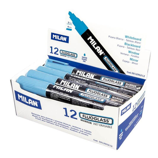 Set 12 Markere Sticla Milan Fluoglass, Varf de 2-4 mm, Albastre, Marker Albastru, Markere, Markere Albastre, Markere pentru Sticla, Marker Milan, Marker pentru Scoala, Markere Scoala