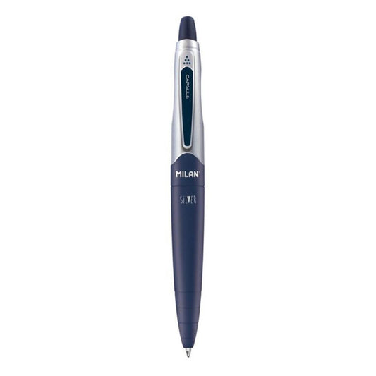 Pix cu Gel MILAN Capsule Silver, Scriere Albastra, Grosime Varf 1 mm, Mecanism si Corp din Plastic si Metal de Culoare Neagra, Pixuri cu Gel, Pixuri Gel Albastre, Pixuri Albastre cu Gel, Pix Scolar, Pix pentru Scolari, Rechizite Scolare, Pix Office