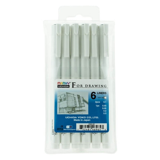 Pix Liner Grafic MARVY, 6 Buc/Set, Mina Neagra, Varf Rotund de Grosmie Diferita, Cerneala pe Baza de Pigmenti, Pixuri Grafice, Pix Grafic cu Pigmenti, Liner Grafic, Liner Pix, Liner cu Pigmenti, Pix Desen Grafic, Pix Desen Tehnic, Pixuri Liner