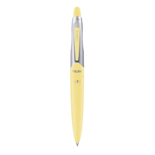 Pix cu Gel MILAN Capsule Silver, Scriere Albastra, Grosime Varf 1 mm, Mecanism si Corp din Plastic si Metal de Culoare Galbena, Pixuri cu Gel, Pixuri Gel Albastre, Pixuri Albastre cu Gel, Pix Scolar, Pix pentru Scolari, Rechizite Scolare, Pix Office