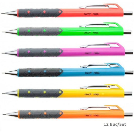 Set 12 Creioane Mecanice DACO Picatel, Mina de 0.7 mm, Corp din Plastic cu Grip Ergonomic, Corp de Diferite Culori, Creioane Mecanice, Creion Mecanic cu Mina, Creioane Mecanice cu Mina, Creion Mecanic cu Radiera, Creion Mecanic 0.7 mm