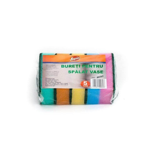 Set 5 Bureti RAPIDO pentru Spalat Vase, Spuma Poliuretanica si Fibra Abraziva, Culori Asortate, Burete Vase, Bureti Curatare, Burete pentru Menaj, Bureti pentru Casa, Burete pentru Spalat Vase, Bureti pentru Spalat Vase, Set Bureti de Vase