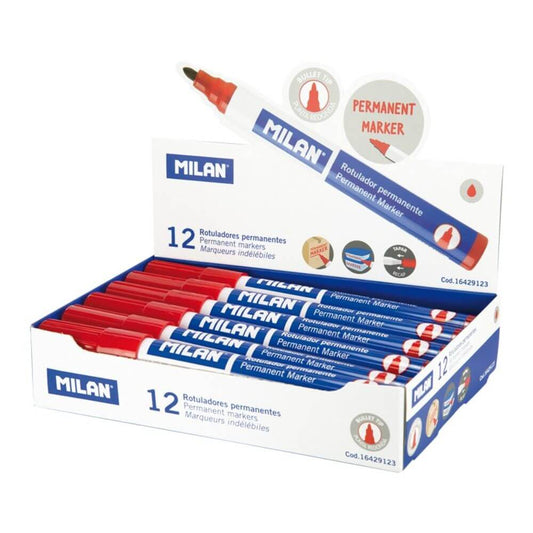 Set 12 Markere Permanente MILAN, Rosii, Varf 4 mm, Marker, Marker Rosu, Markere Rosii, Marker cu Cerneala Rosie, Marker Permanent, Markere Permanente, Marker Permanent Rosu, Set Markere cu Cerneala Rosie, Set Markere Rosii