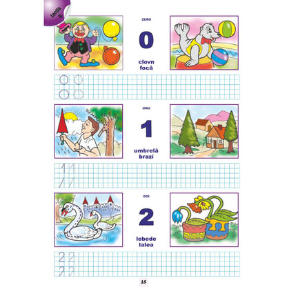 Alfabetul si Cifrele, Carte de Colorat A4 cu Exercitii Grafice 2 in 1 si Joc, 96 de Autocolante