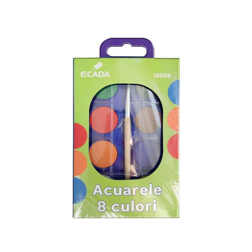 Acuarele cu Pensula ECADA, 8 Culori, Diametrul Pastilei 23 mm, Culori Pictura, Acuarele Scoala, Acuarele Pictura, Paleta de Acuarele, Set Culori Acuarele, Acuarele Scolare, Materiale Arta, Materiale de Pictura, Accesorii Pictura