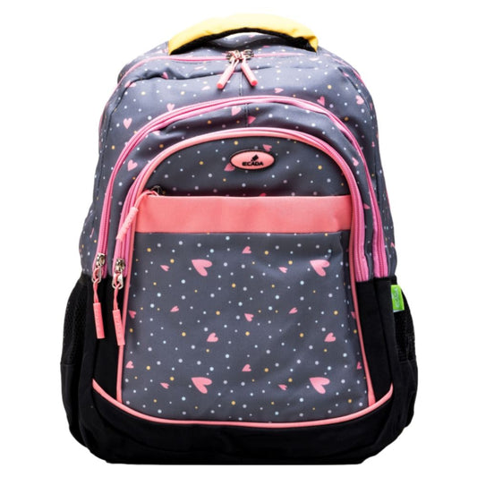 Ghiozdan Scolar Ecada, Dimensiuni 46x32x18 cm, Bretele cu Burete Reglabile si Patru Fermoare, Material Poliester, Culoare Gri/Roz