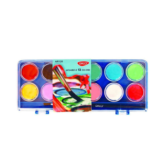 Acuarele cu Pensula DACO, 12 Culori cu un Continut Mare de Pigment, Diametrul Pastilei 30 mm, Culori Pictura, Acuarele Scoala, Acuarele Pictura, Paleta de Acuarele, Set Culori Acuarele, Acuarele Scolare, Materiale Arta, Materiale de Pictura