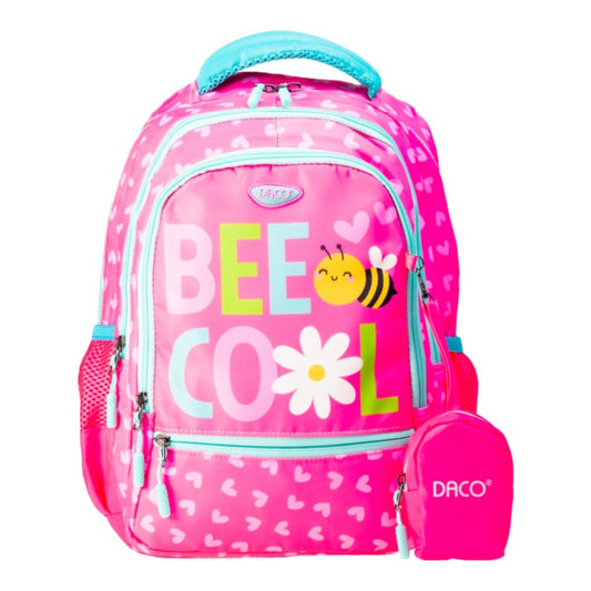 Ghiozdan Scolar cu Borseta Daco, Dimensiuni 38x30x17 cm, Model Bee Cool, Bretele cu Burete Reglabile cu Patru Fermoare, Material Poliester, Culoare Roz