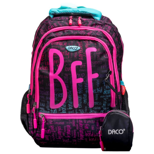 Ghiozdan Scolar Daco cu Borseta, Dimensiuni 38x30x17 cm, Model BFF, Bretele cu Burete Reglabile si Patru Fermoare, Material Poliester, Culoare Negru/Roz