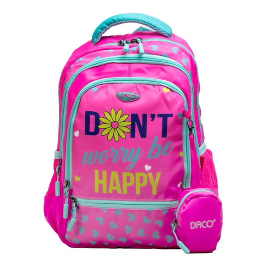 Ghiozdan Scolar Daco cu Borseta, Dimensiuni 38x30x17 cm, Model Don't Worry Be Happy, Bretele cu Burete Reglabile si Patru Fermoare, Material Poliester, Culoare Roz