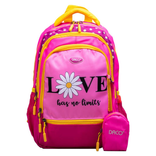 Ghiozdan Scolar cu Borseta Daco, Dimensiuni 38x30x17 cm, Model Love Has No Limits, Bretele cu Burete Reglabile si Patru Fermoare, Material Poliester, Culoare Roz