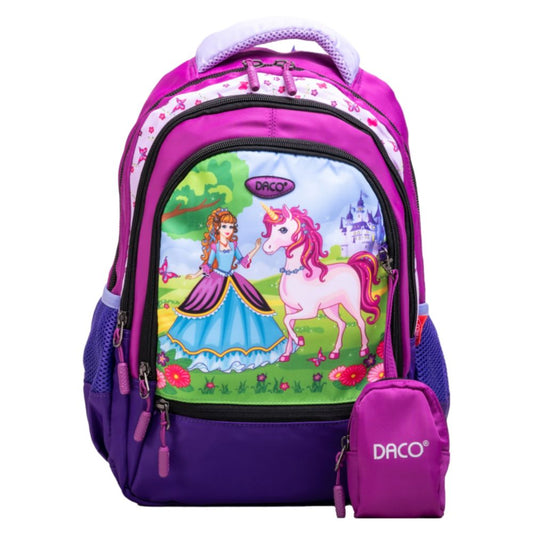 Ghiozdan Scolar cu Borseta Daco, Dimensiuni 38x30x17 cm, Model Princess, Bretele cu Burete Reglabile si Patru Fermoare, Material Poliester, Culoare Mov