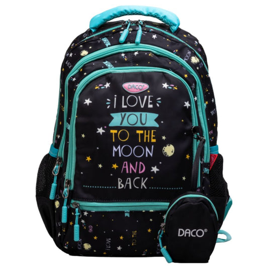 Ghiozdan Scolar cu Borseta Daco, Dimensiuni 38x30x17 cm, Model I Love You To The Moon And Back, Bretele cu Burete Reglabile si Patru Fermoare, Material Poliester, Culoare Negru