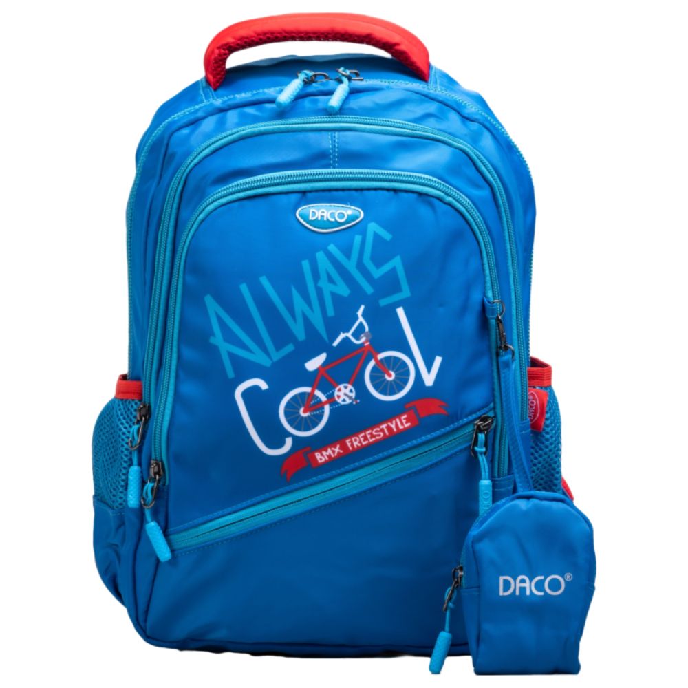 Ghiozdan Scolar cu Borseta Daco, Dimensiuni 38x30x17 cm, Model Always Cool, Bretele cu Burete Reglabile si Patru Fermoare, Material Poliester, Culoare Albastru