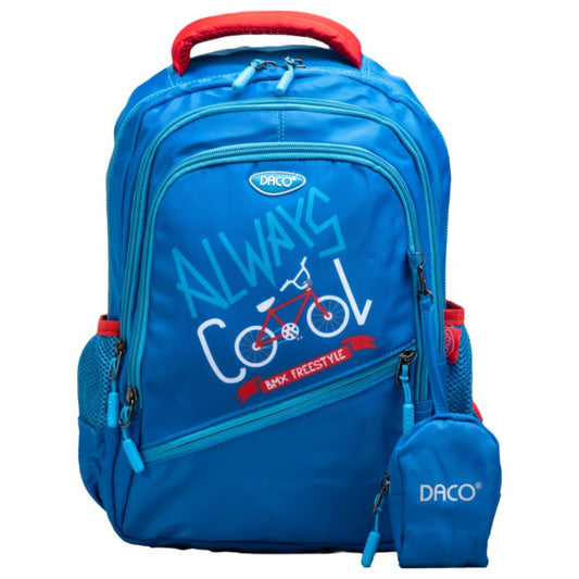 Ghiozdan Scolar cu Borseta Daco, Dimensiuni 38x30x17 cm, Model Always Cool, Bretele cu Burete Reglabile si Patru Fermoare, Material Poliester, Culoare Albastru