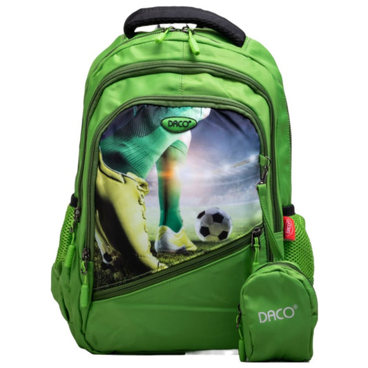 Ghiozdan Scolar cu Borseta Daco, Dimensiuni 38x30x17 cm, Model Fotbal, Bretele cu Burete Reglabile si Patru Fermoare, Material Poliester, Culoare Verde