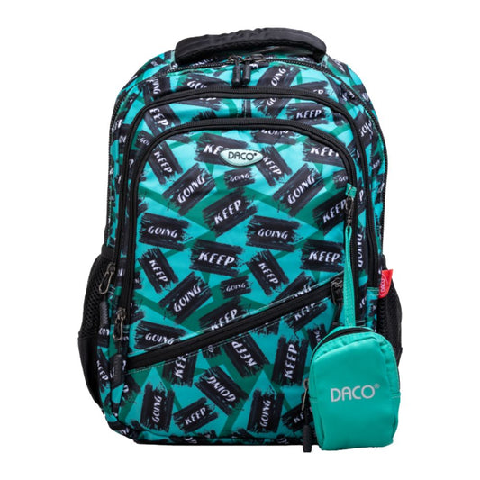 Ghiozdan Scolar cu Borseta Daco, Dimensiuni 38x30x17 cm, Model Keep Going, Bretele cu Burete Reglabile si Patru Fermoare, Material Poliester, Culoare Verde