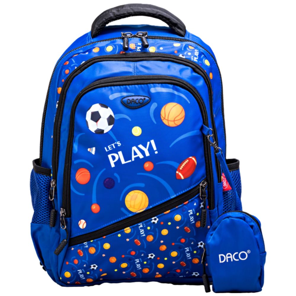 Ghiozdan Scolar cu Borseta Daco, Dimensiuni 38x30x17 cm, Model Let's Play, Bretele cu Burete Reglabile si Patru Fermoare, Material Poliester, Culoare Albastru