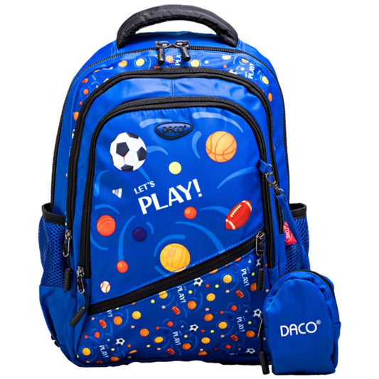 Ghiozdan Scolar cu Borseta Daco, Dimensiuni 38x30x17 cm, Model Let's Play, Bretele cu Burete Reglabile si Patru Fermoare, Material Poliester, Culoare Albastru