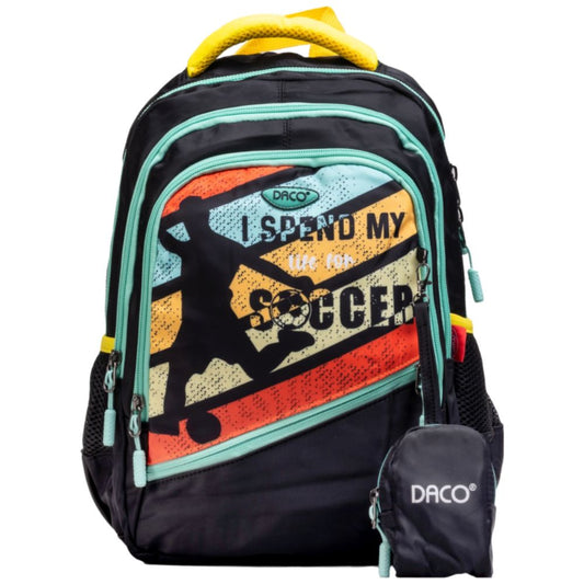 Ghiozdan Scolar cu Borseta Daco, Dimensiuni 38x30x17 cm, Model Fotbal, Bretele cu Burete Reglabile si Patru Fermoare, Material Poliester, Culoare Negru