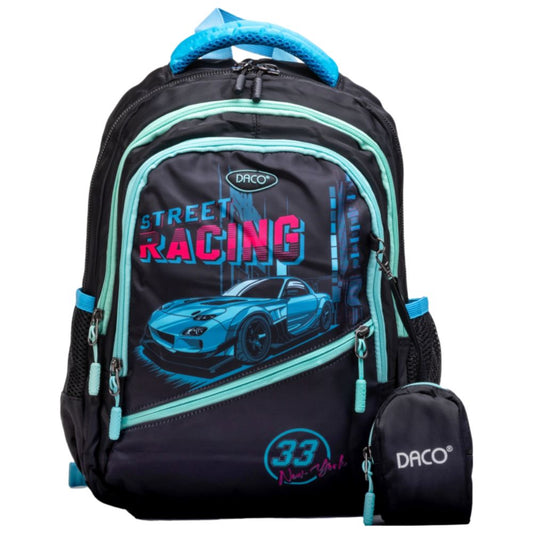 Ghiozdan Scolar cu Borseta Daco, Dimensiuni 38x30x17 cm, Model Street Racing, Bretele cu Burete Reglabile si Patru Fermoare, Material Poliester, Culoare Negru