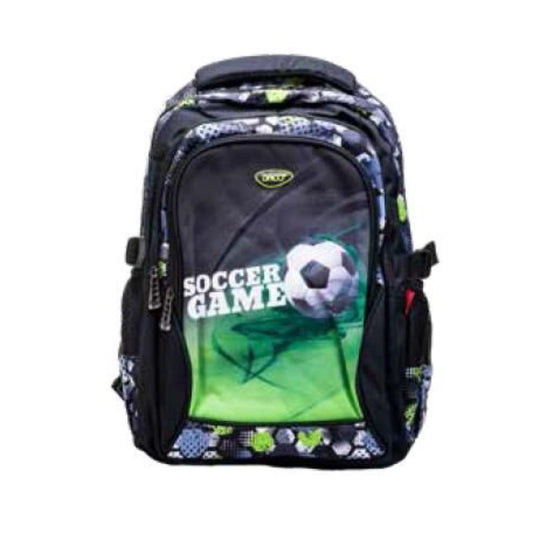 Ghiozdan Scolar Daco, Dimensiuni 46x32x18 cm, Model Fotbal, Bretele cu Burete Reglabile si Trei Fermoare, Culoare Negru