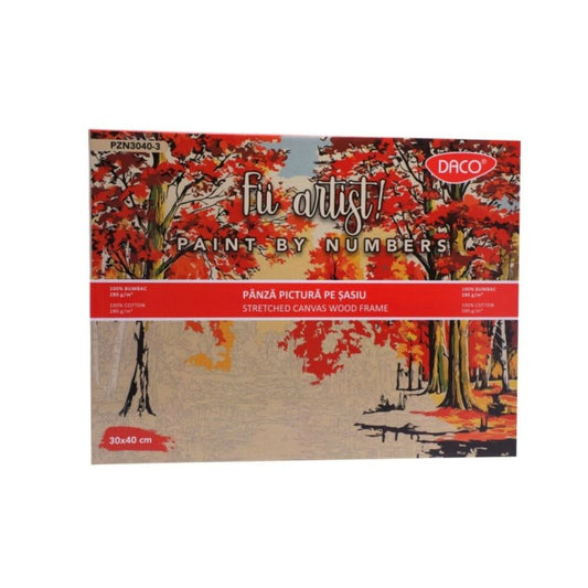Panza Pictura Daco pe Numere, Material Bumbac, Dimensiune 30x40 cm, Gramaj 280 g/mÂ², 24 Culori Acrilice si 3 Pensule Incluse in Set, Model Peisaj de Toamna