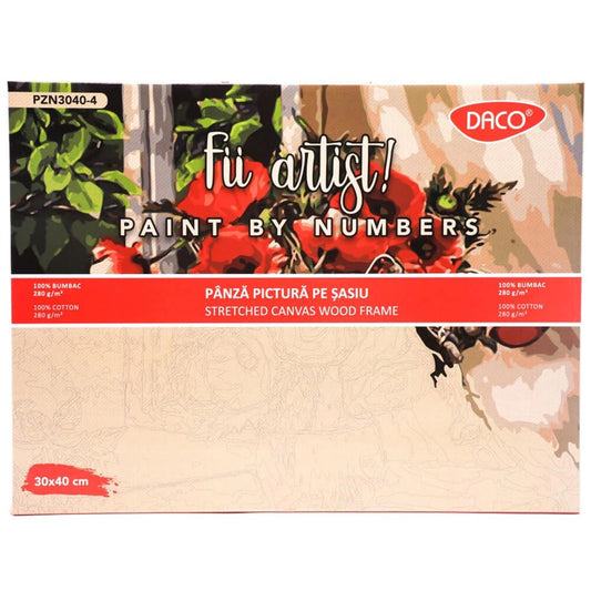 Panza Pictura Daco pe Numere, Material Bumbac, Dimensiune 30x40 cm, Gramaj 280 g/mÂ², 24 Culori Acrilice si 3 Pensule Incluse in Set, Model Maci