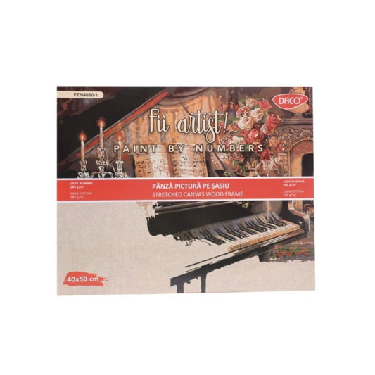 Panza Pictura Daco pe Numere, Material Bumbac, Dimensiune 40x50 cm, Gramaj 280 g/mÂ², 24 Culori Acrilice si 3 Pensule Incluse in Set, Model Pian