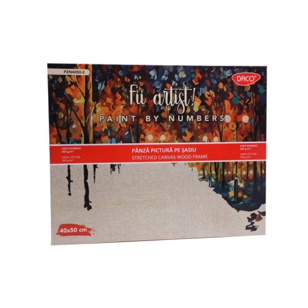 Panza Pictura Daco pe Numere, Material Bumbac, Dimensiune 40x50 cm, Gramaj 280 g/mÂ², 24 Culori Acrilice si 3 Pensule Incluse in Set, Model Peisaj de Toamna