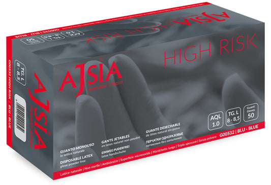 Manusi Latex Ajsia High Risk, Unica Folosinta, Nepudrate, L-30cm, 0.33mm, 50 Buc/cutie-albastre- M