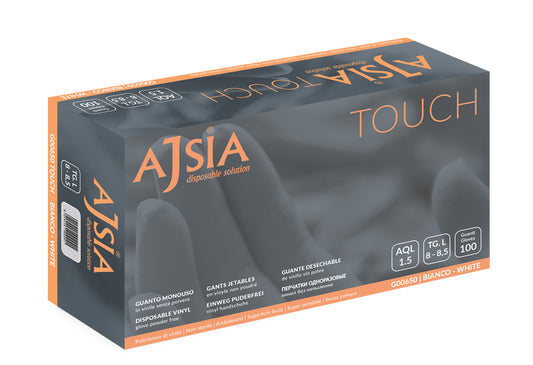 Manusi Vinil Ajsia Touch, Unica Folosinta, Nepudrate, 0.08mm, 100 Buc/cutie - Albe - Marime S