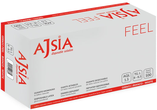 Manusi Latex Ajsia Feel, Unica Folosinta, Usor Pudrate, 0.10mm, 100 Buc/cutie - Albe - Marime M