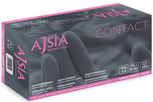 Manusi Latex Ajsia Contact, Unica Folosinta, Nepudrate, 0.11mm, 100 Buc/cutie - Albe - Marime M