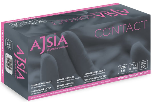 Manusi Latex Ajsia Contact, Unica Folosinta, Nepudrate, 0.11mm, 100 Buc/cutie - Albe - Marime S