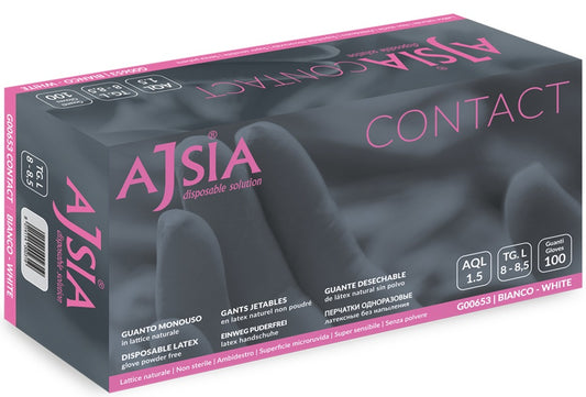 Manusi Latex Ajsia Contact, Unica Folosinta, Nepudrate, 0.11mm, 100 Buc/cutie - Albe - Marime Xl
