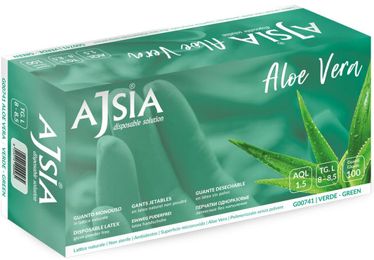 Manusi Latex Ajsia Aloe Vera, Unica Folosinta, Nepudrate, 0.16mm, 100 Buc/cutie - Verzi - Marime M