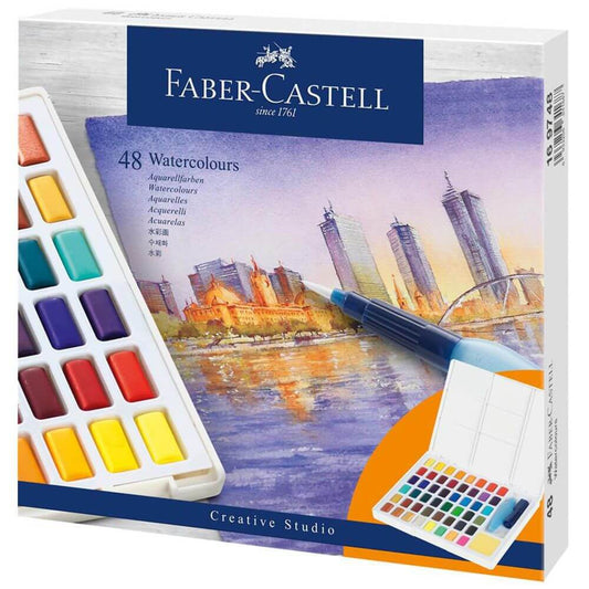 Acuarele cu Pensula si Rezervor Apa Faber-Castell Creative Studio, 48 Culori, Culori Pictura, Faber Castell Acuarele, Acuarele Scoala, Culori pentru Pictat, Acuarele Pictura, Paleta de Acuarele, Set Culori Acuarele, Acuarele Scoala, Materiale de Pictura