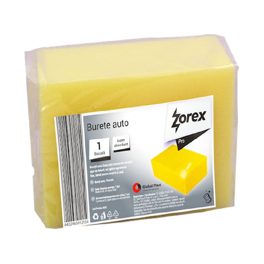 Burete Auto Universal Zorex Pro, 178x105x70 mm, Spuma Poliuretanica, Culoare Galbena, Bureti Auto, Burete pentru Curatare Masini, Burete pentru Casa