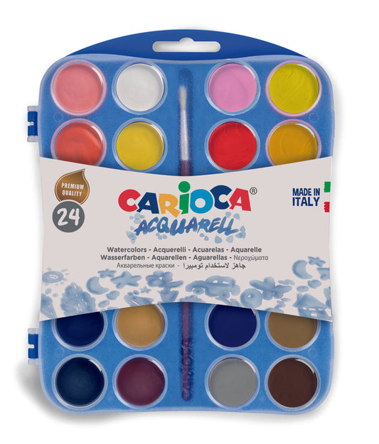 Acuarele Lavabile, 24 Culori/cutie + 2 Pensule, Carioca Aquarell