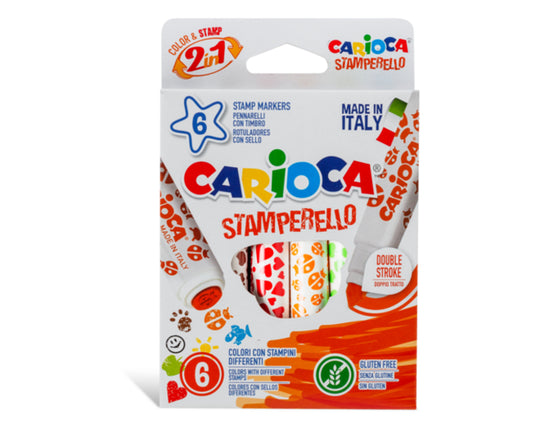 Set 6 Markere Lavabile, Cu 6 Stampile Diverse Forme, Cutie Carton, Carioca Stamperello